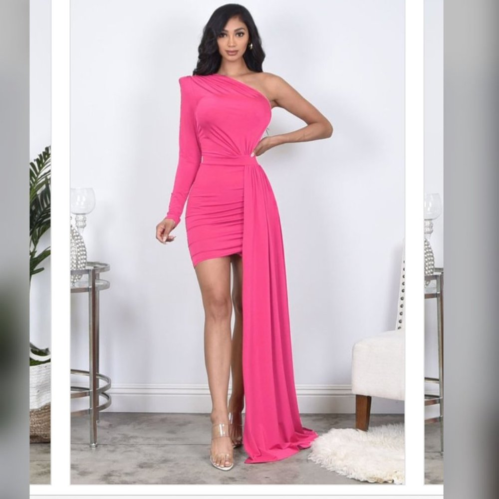 One Shoulder Mini Dress With Floor-length Train